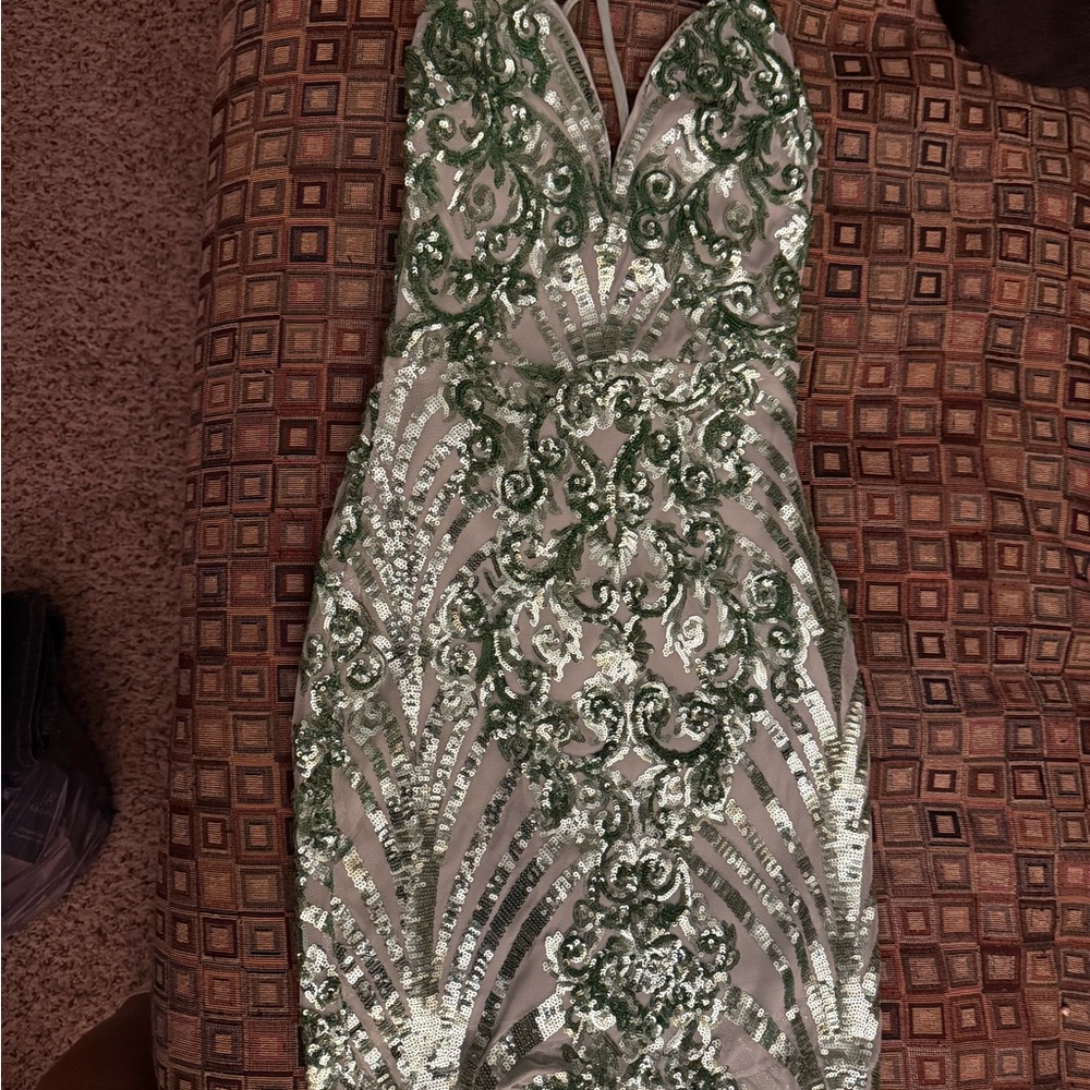 Sage Elegant Green and Silver Sequin Backless Dress